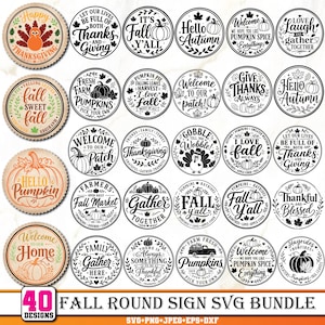May include: A collection of 40 circular designs featuring autumn and Thanksgiving themes, including pumpkins, turkeys, and seasonal text like Fall Y'all, Hello Pumpkin, and Give Thanks. The graphics are presented in black and white or color.
