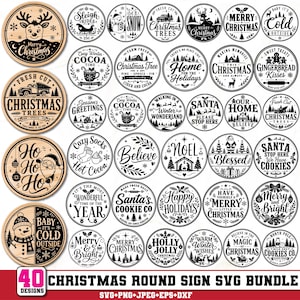 May include: A collection of 40 circular wooden signs featuring black graphic designs with various Christmas-themed phrases and illustrations, including reindeer, Santa Claus, snowmen, and holiday greetings, presented in a grid layout.