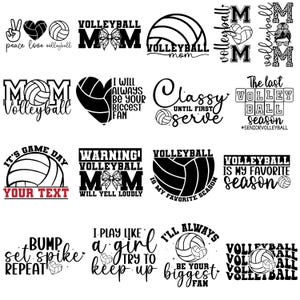 May include: A selection of black and white volleyball-themed designs. The designs feature volleyballs, hearts, bows, and text including "Mom", "Game Day", and "I'll always be your biggest fan".