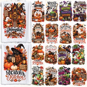 May include: A collection of white rectangular kitchen towels featuring colorful Halloween-themed illustrations including haunted houses, black cats in witch hats, pumpkins, sunflowers, ghosts, and skeletons with text like Haunted Home and Witch's Kitchen.
