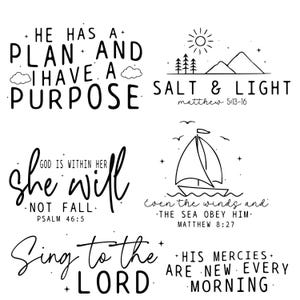 Puede incluir: Citas inspiradoras en blanco y negro con ilustraciones. La imagen incluye frases como "&Eacute;l tiene un plan y yo tengo un prop&oacute;sito" y "Sal y luz". Otras citas incluyen "Ella no caer&aacute;" y "Canta al Se&ntilde;or".
