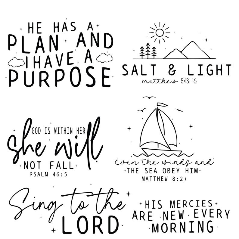 Puede incluir: Citas inspiradoras en blanco y negro con ilustraciones. La imagen incluye frases como "&Eacute;l tiene un plan y yo tengo un prop&oacute;sito" y "Sal y luz". Otras citas incluyen "Ella no caer&aacute;" y "Canta al Se&ntilde;or".
