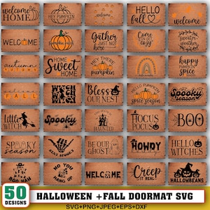 May include: A collection of 50 Halloween and Fall-themed doormat designs. Each rectangular doormat features a unique design with phrases like "Welcome," "Hey Pumpkin," and "Spooky Season," along with various Halloween and autumn-related graphics.