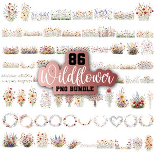 以下が含まれることがあります： 86個の水彩ワイルドフラワーPNG画像のコレクション。画像には、さまざまな色のブーケ、花輪、ボーダーが含まれています。「86 Wildflower PNG Bundle」というテキストがローズゴールドで表示されています。