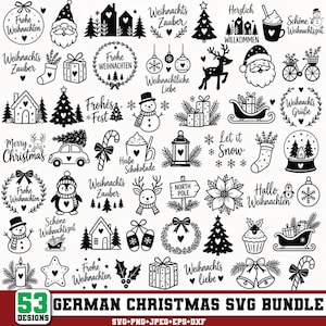 Könnte beinhalten: Eine Sammlung von 53 schwarz-weißen digitalen Weihnachtsillustrationen mit Motiven wie Weihnachtsmann, Rentieren, Schneemännern, Tannenbäumen, Geschenken und Kränzen, ergänzt durch deutsche Festtagsphrasen wie Frohe Weihnachten und Weihnachtszauber.