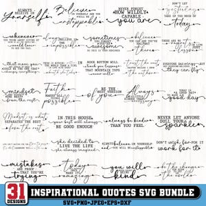Könnte beinhalten: Eine Sammlung von 31 inspirierenden Zitaten in einem SVG-Bundle. Die Zitate sind in einer stilvollen Schriftart geschrieben und enthalten Sätze wie "Glaube an dich selbst" und "Sei die Veränderung, die du in der Welt sehen möchtest."