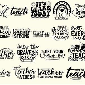 K&ouml;nnte beinhalten: Eine Sammlung von schwarz-wei&szlig;en Designs zum Thema Lehrer. Die Designs enthalten S&auml;tze wie "Teacher Life", "Made to Teach", "It's Learn Today" und "Teaching is a Work of Heart". Jedes Design zeigt Bleistifte, &Auml;pfel und andere schulbezogene Grafiken.