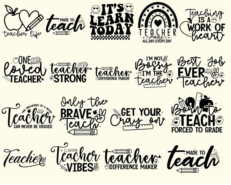K&ouml;nnte beinhalten: Eine Sammlung von schwarz-wei&szlig;en Designs zum Thema Lehrer. Die Designs enthalten S&auml;tze wie "Teacher Life", "Made to Teach", "It's Learn Today" und "Teaching is a Work of Heart". Jedes Design zeigt Bleistifte, &Auml;pfel und andere schulbezogene Grafiken.