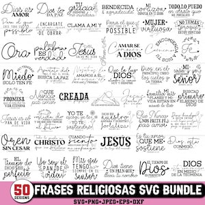 Puede incluir: Un paquete SVG digital con 50 frases religiosas en español. Los diseños en blanco y negro incluyen citas inspiradoras y versículos bíblicos, perfectos para proyectos de manualidades. El paquete incluye archivos SVG, PNG, JPEG, EPS y DXF.