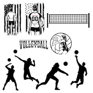 May include: Black and white volleyball-themed graphics. Includes silhouettes of players, a net, a volleyball, and text that says "Volleyball Mom". Also features a design with the American flag.