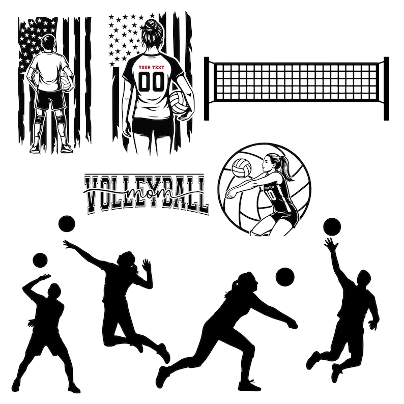 May include: Black and white volleyball-themed graphics. Includes silhouettes of players, a net, a volleyball, and text that says "Volleyball Mom". Also features a design with the American flag.