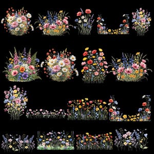 May include: Watercolor illustrations of various wildflower arrangements in a variety of shapes. The flowers are in shades of pink, red, yellow, blue, and white, with green foliage against a black background.