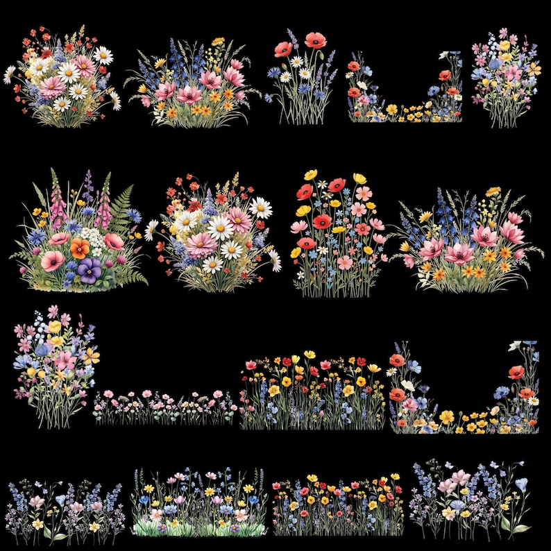 May include: Watercolor illustrations of various wildflower arrangements in a variety of shapes. The flowers are in shades of pink, red, yellow, blue, and white, with green foliage against a black background.