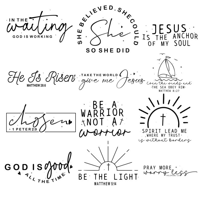 Puede incluir: Una colecci&oacute;n de citas y frases inspiradoras en blanco y negro. Las frases incluyen "En la espera, Dios est&aacute; trabajando", "Ella crey&oacute;, as&iacute; que lo hizo" y "Jes&uacute;s es el ancla de mi alma."