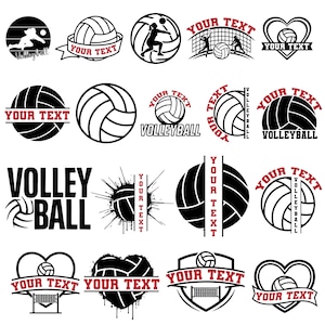 May include: A selection of black and white volleyball graphics. Designs feature volleyballs, players, nets, and text elements such as "YOUR TEXT" and "VOLLEYBALL". Suitable for sports-themed products.