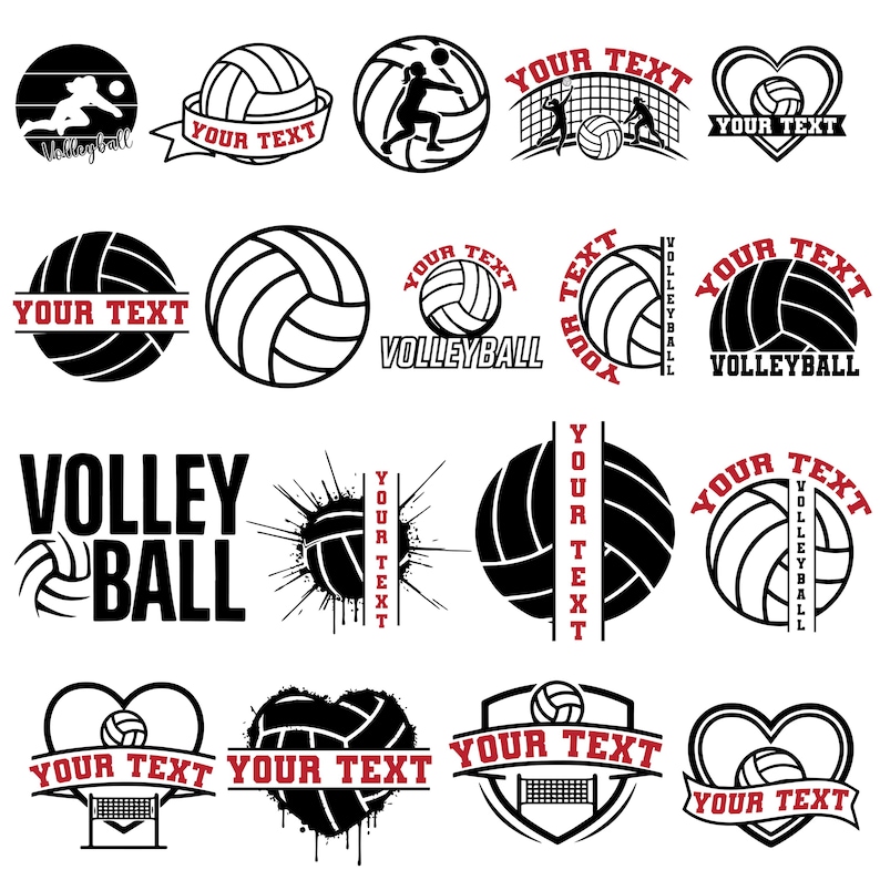 May include: A selection of black and white volleyball graphics. Designs feature volleyballs, players, nets, and text elements such as "YOUR TEXT" and "VOLLEYBALL". Suitable for sports-themed products.