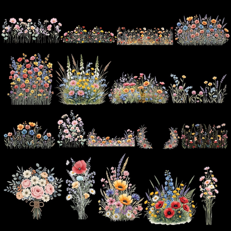 May include: A collection of watercolor floral arrangements and borders. The designs feature a variety of colorful wildflowers, including poppies, daisies, and lavender, with green foliage. The arrangements are set against a black background.