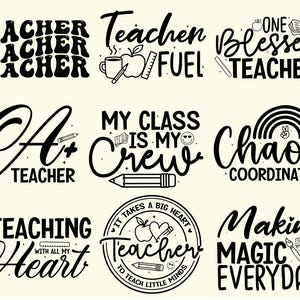 K&ouml;nnte beinhalten: Eine Sammlung von schwarz-wei&szlig;en Grafiken zum Thema Lehrer mit verschiedenen Spr&uuml;chen wie "Teacher Fuel", "One Blessed Teacher" und "Chaos Coordinator". Die Designs beinhalten Bleistifte, &Auml;pfel und B&uuml;cher, ideal f&uuml;r Klassenzimmerdekoration oder Lehrergeschenke.