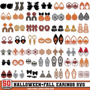 May include: A selection of 50 Halloween and Autumn-themed earring designs. The earrings feature cats, pumpkins, ghosts, bats, and maple leaves in black, orange, and brown. The text "50 DESIGNS" and "HALLOWEEN+FALL EARINGS SVG" are visible.