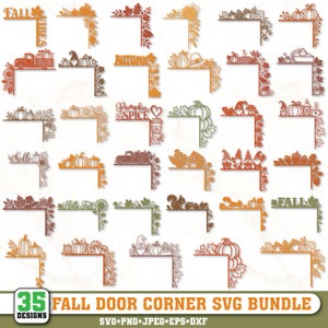 May include: A collection of 35 decorative corner designs featuring autumn themes including pumpkins, leaves, gnomes, trucks, acorns, and squirrels. The graphics include text such as FALL VIBES, AUTUMN, PUMPKIN SPICE, HELLO, and FALL, presented in orange, brown, and green tones.