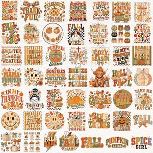 May include: A collection of autumn-themed digital stickers featuring pumpkins, fall foliage, smiley faces, and seasonal text like 'Fall Vibes', 'Pumpkin Spice', and 'Thankful'. The designs use a warm color palette of orange, brown, and cream.