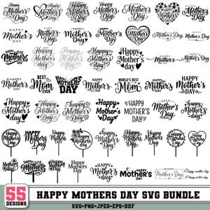 Puede incluir: Un conjunto de 55 diseños SVG de Feliz Día de la Madre. La imagen muestra gráficos basados en texto con corazones, flores y elementos decorativos. El paquete incluye formatos SVG, PNG, JPEG, EPS y DXF.