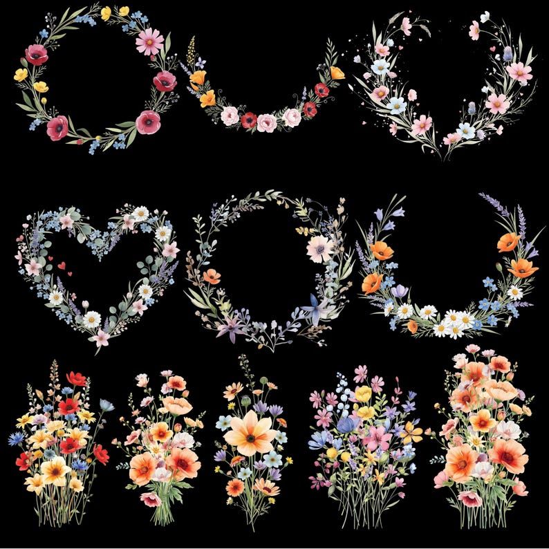 May include: A collection of watercolor floral designs on a black background. The image features various floral wreaths in circular and heart shapes, along with bouquets of colorful flowers. The flowers include poppies, daisies, and other wildflowers.