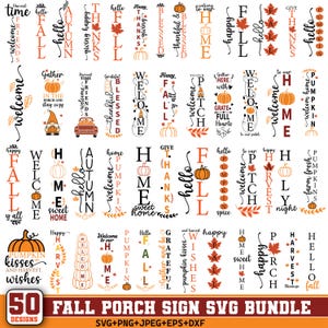 Puede incluir: Un conjunto de 50 diseños de letreros de porche de otoño en formatos SVG, PNG, JPEG, EPS y DXF. Los letreros presentan palabras y frases con temas otoñales, calabazas y hojas en naranja y marrón.