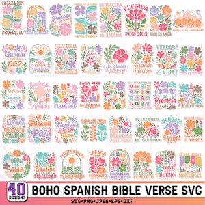 Pode incluir: Um conjunto de 40 designs digitais de versículos bíblicos espanhóis Boho. Cada design apresenta arranjos florais e frases inspiradoras em várias cores. Disponíveis nos formatos SVG, PNG, JPEG, EPS e DXF.