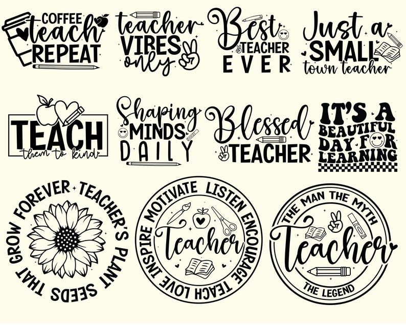 K&ouml;nnte beinhalten: Eine Sammlung von schwarz-wei&szlig;en Designs zum Thema Lehrer. Die Designs enthalten S&auml;tze wie "Teach, Repeat", "Best Teacher Ever" und "Shaping Minds Daily". Weitere Designs zeigen Bleistifte, &Auml;pfel und B&uuml;cher.