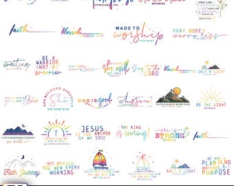 May include: A collection of 31 Christian PNG designs with colorful text and graphics. Phrases include "Jesus," "Faith," and "He is Risen." The bundle features various inspirational quotes and images, perfect for digital art projects.