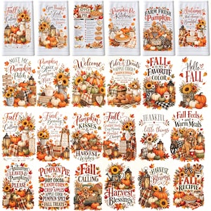 May include: A collection of twenty-four white rectangular kitchen towels featuring various autumn-themed illustrations including pumpkins, sunflowers, lanterns, and fall-inspired text such as Fall is Calling, Pumpkin Pie Kitchen, and Harvest Blessings.