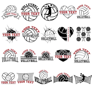 May include: A selection of black and white volleyball designs. The designs feature volleyballs, nets, and player silhouettes. Each design includes space for custom text within a banner or frame.
