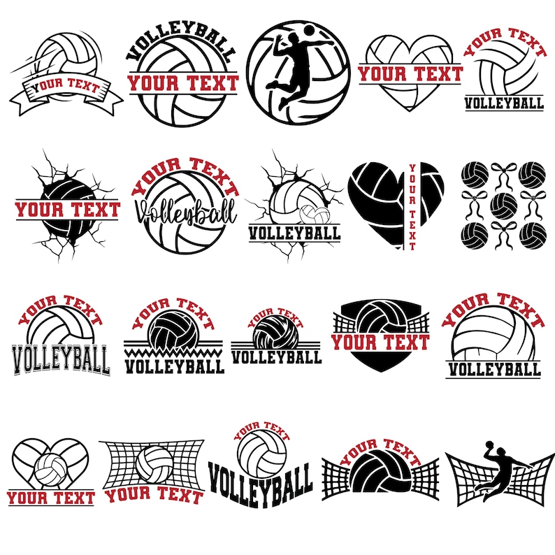 May include: A selection of black and white volleyball designs. The designs feature volleyballs, nets, and player silhouettes. Each design includes space for custom text within a banner or frame.