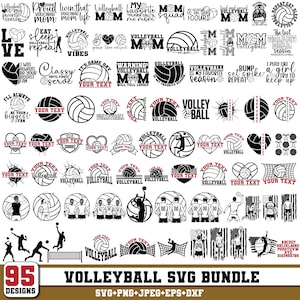 Op de afbeelding: Een verzameling van 95 volleybal-thema SVG-ontwerpen. De ontwerpen omvatten volleybalballen, tekstoverlays en silhouetten van spelers. Tekst bevat zinnen als "Volleyball Mom" en "Your Text". De ontwerpen zijn in zwart en wit.