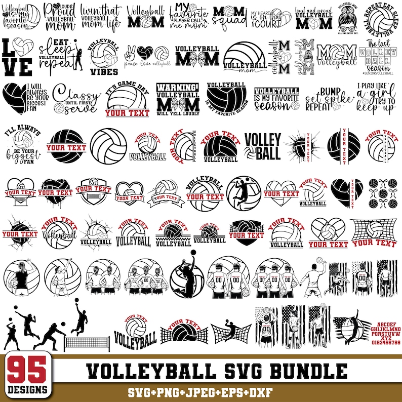 May include: A bundle of 95 volleyball SVG designs, featuring volleyballs, text overlays, and player silhouettes. Text includes phrases such as "Volleyball Mom," "Game Day," and "Your Text." The designs are in black and white.