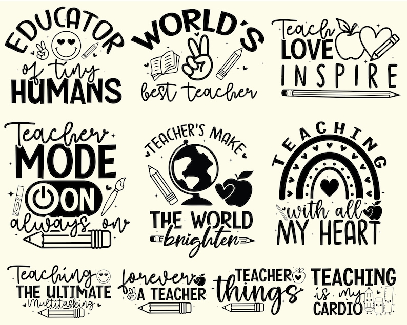 K&ouml;nnte beinhalten: Eine Sammlung von schwarz-wei&szlig;en Designs zum Thema Lehrer. Die Designs enthalten S&auml;tze wie "Erzieher kleiner Menschen", "Bester Lehrer der Welt" und "Lehren, Lieben, Inspirieren". Jedes Design zeigt Bleistifte, &Auml;pfel und andere verwandte Grafiken.