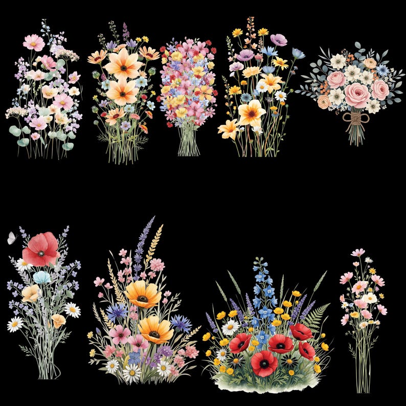 May include: A collection of watercolor floral bouquets in various arrangements. The bouquets feature a variety of colorful flowers, including roses, poppies, daisies, and wildflowers, with green foliage. The bouquets are set against a black background.