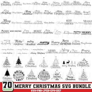 Può includere: Una collezione di 70 design SVG Merry Christmas in vari font e stili. Include alberi di Natale, renne e la scritta "Merry Christmas" in font decorativi. Formati SVG, PNG, JPEG, EPS e DXF.