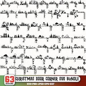 Op de afbeelding: Een verzameling van 63 zwarte silhouetontwerpen voor kerstdeurhoeken met diverse feestelijke motieven zoals de Kerstman, sneeuwpoppen, rendieren, kerststallen, geschenken, kerstbomen, ornamenten en de tekst Merry Christmas.