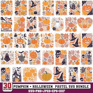 May include: A collection of 30 pastel Halloween-themed designs featuring pumpkins, ghosts, witch hats, and floral elements. The designs are in orange, gray, and white. The text reads "Pumpkin + Halloween Pastel SVG Bundle".