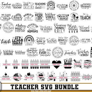 Puede incluir: Un conjunto de 70 diseños SVG con temática de profesores, que incluyen citas y gráficos. Los diseños presentan frases como "Teacher Vibes", "Blessed Teacher" y "Making Magic Everyday". El paquete incluye varios formatos de archivo.