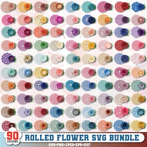 May include: A collection of 90 rolled flower designs in various colors, including pink, blue, yellow, and purple. Each design features a spiral element paired with a detailed flower. The text "ROLLED FLOWER SVG BUNDLE" is visible.