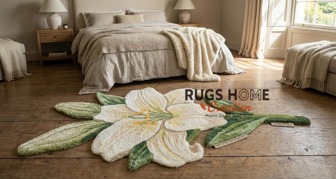 White Lily Flower Shape Rug – Hand-tufted Wool Floral Carpet for ...