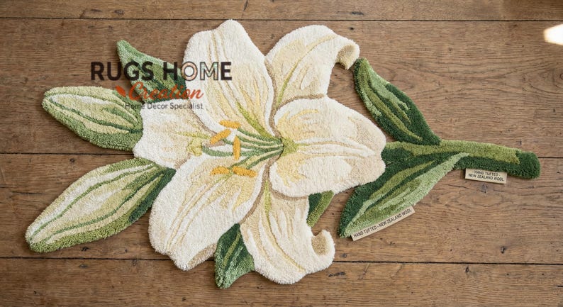 Lily Rug White Lily Flower Shape Rug – Hand-tufted Wool Floral Carpet for ...