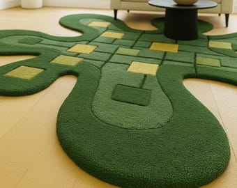 Modern handtuftad ullmatta med geometrisk abstrakt design – Grön organisk formmatta