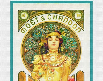 Digital DOWNLOAD Art Nouveau Alphonse Mucha's Moet Chandon Champagne Orenco Originals Counted Cross Stitch Chart / Pattern