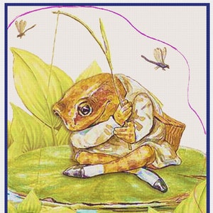 May include: A whimsical illustration of a frog dressed in a cream-colored outfit, sitting on a lily pad and fishing. The frog is holding a fishing rod with a blade of grass as bait. The scene includes dragonflies and water lilies.