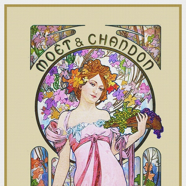 TÉLÉCHARGEMENT numérique Champagne Lady d'Alphonse Mucha en robe rose Orenco Originals compté point de croix tableau / motif