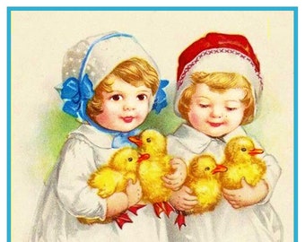 DIGITAL DOWNLOAD 2 Young Girls With Their Easter Chicks Orenco Originals Counted Cross Stitch Chart